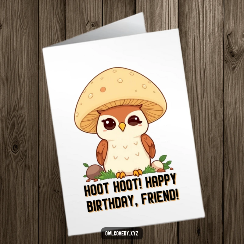 Funny Free Printable Birthday Card: Kawaii owl winks cheekily from behind a giant mushroom, perfect for a delightful DIY gift.