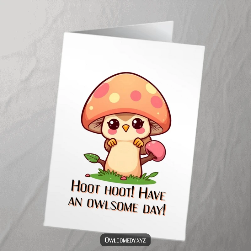 Funny Free Printable Owl Birthday Card: Kawaii owl peeking mischievously from behind a giant mushroom, a delightful downloadable gift.