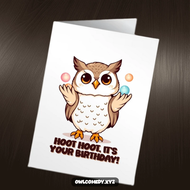 Funny Free Printable Birthday Card of a playful kawaii owl expertly juggling three glowing orbs with its talons.