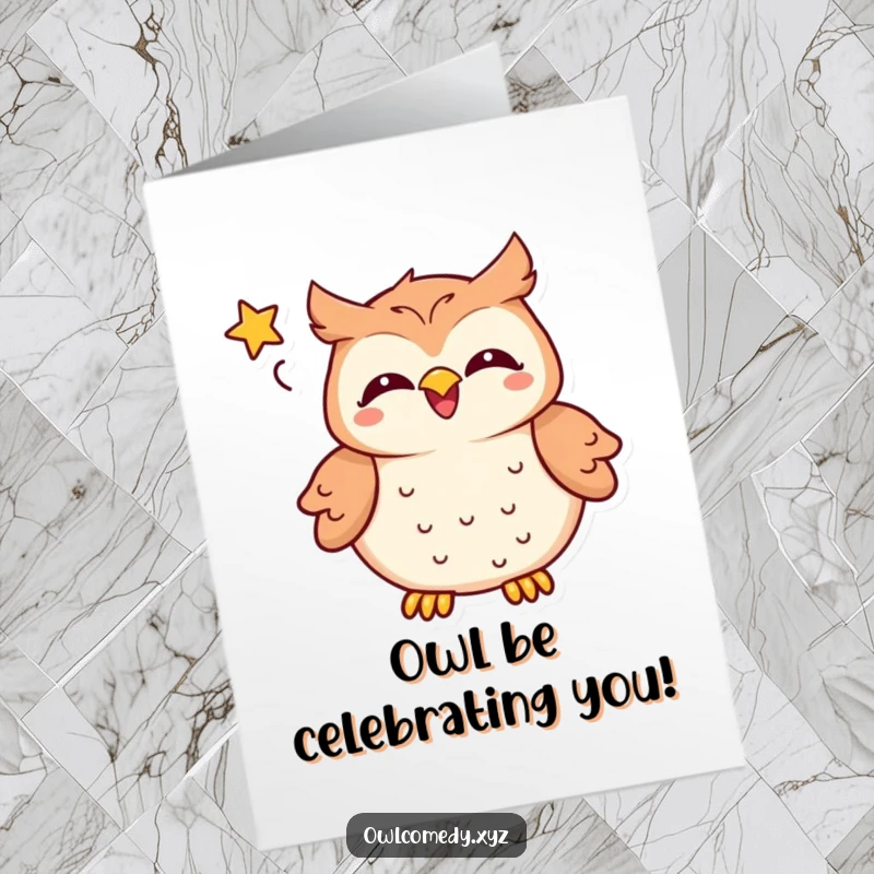 Funny Free Printable Birthday Card: Kawaii owl laughing heartily, speech bubble with star, perfect for a cheerful DIY gift.