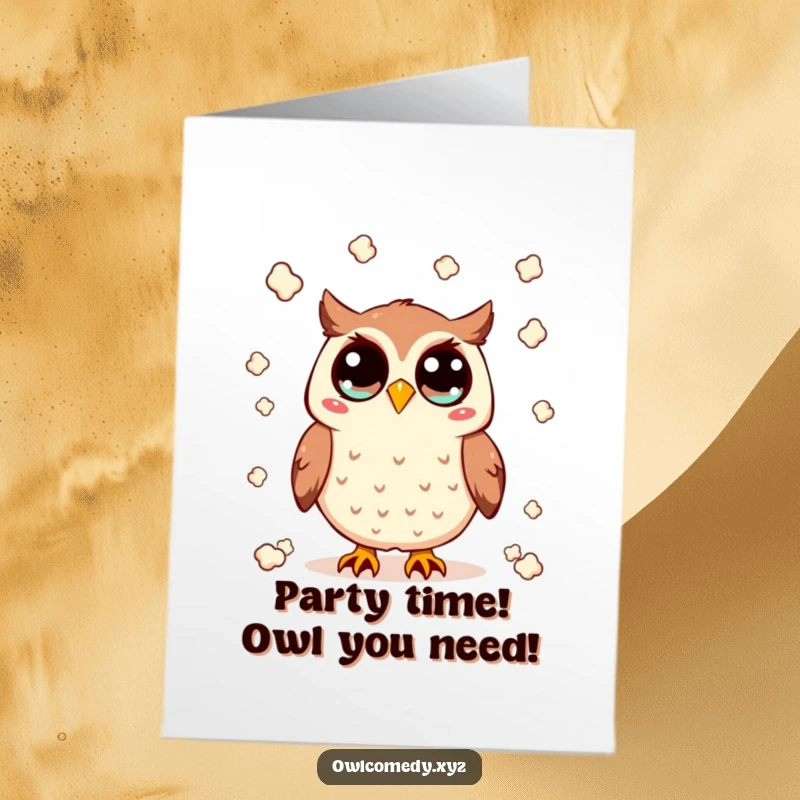 Funny Free Printable Birthday Card: A wide-eyed Kawaii owl gleefully throwing popcorn up in the air, celebrating joyfully.