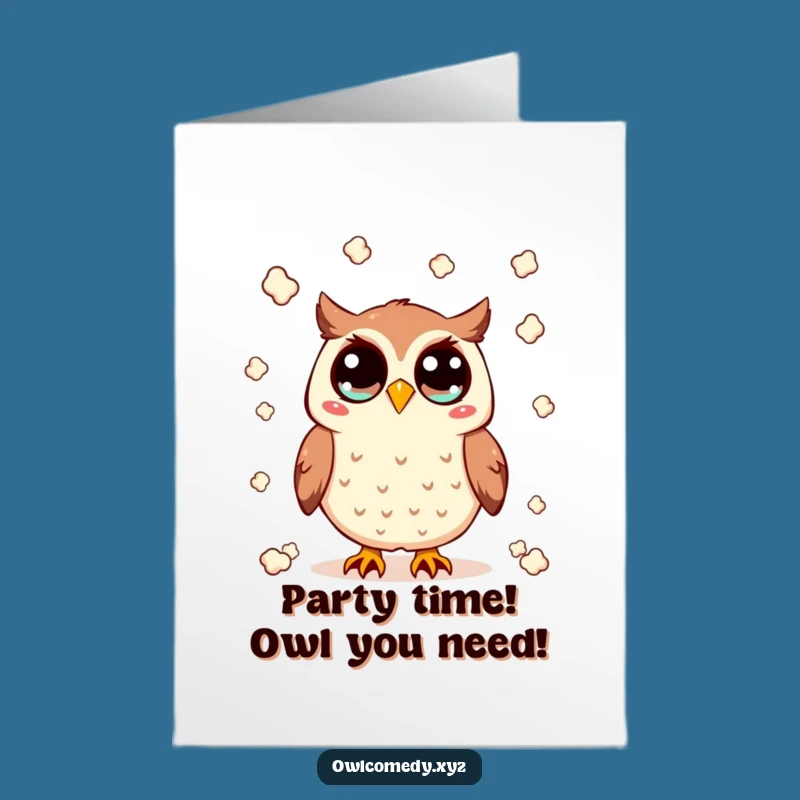 Free Printable Birthday Card: Owl Throwing Popcorn - Funny DIY Party Fun Gift