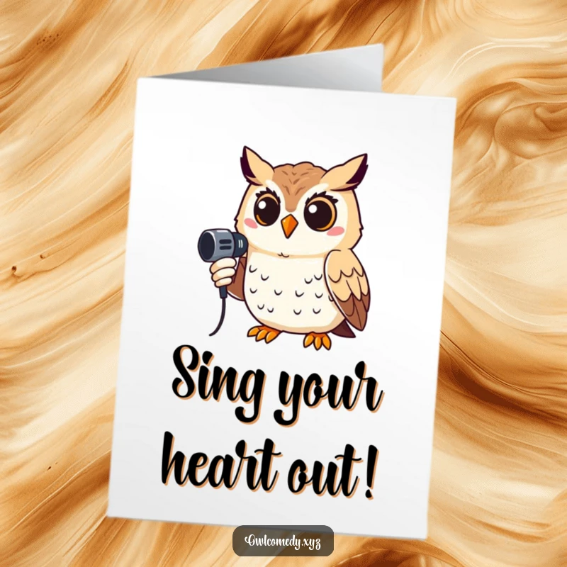Funny Free Printable Birthday Card featuring a smiling owl holding a microphone, ready to sing a hilarious birthday song.