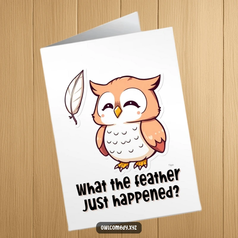 Free Printable Birthday Card: A Kawaii owl looks utterly surprised, eyes wide, at a single feather floating gently nearby.