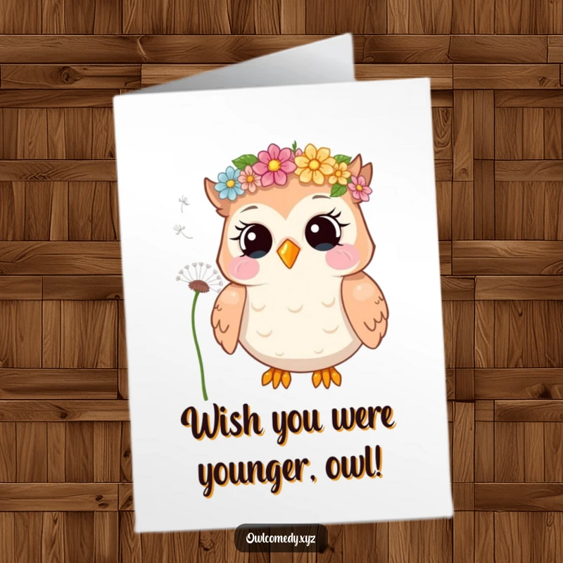 Funny Free Printable Birthday Card featuring a giggling owl in a flower crown blowing dandelion seeds, spreading joy and laughter.