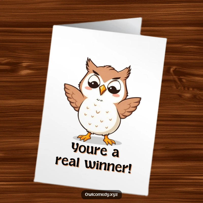 Funny Free Printable Congratulations Card: A Kawaii owl with a goofy grin performing a hilarious, energetic silly dance.