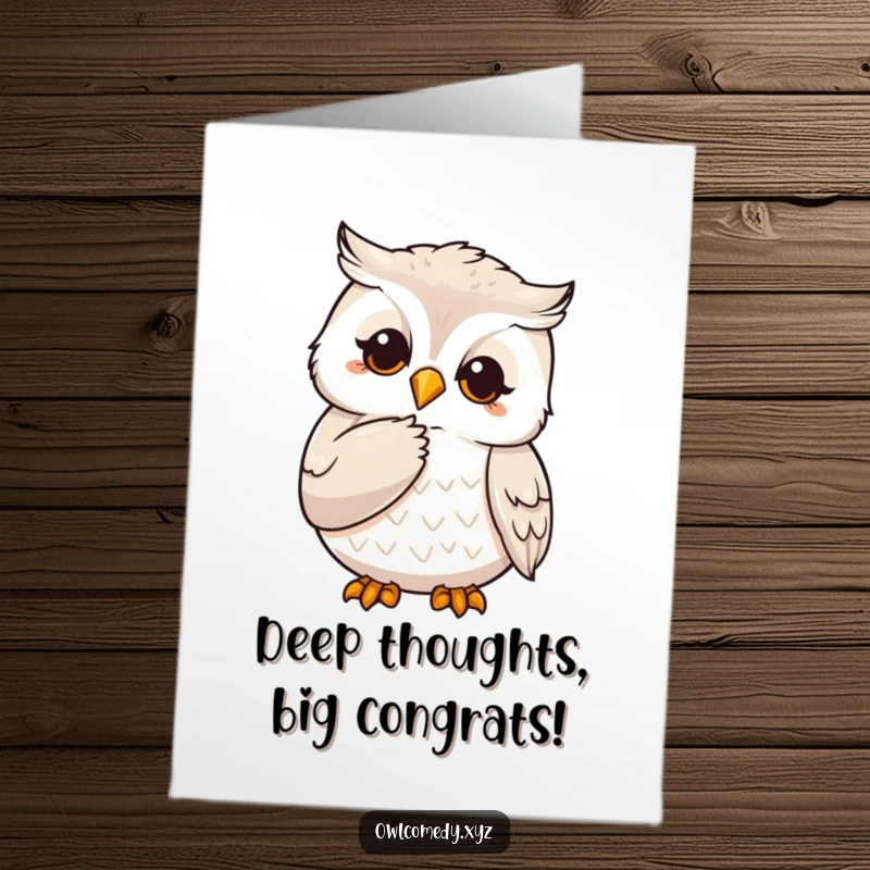 Funny Free Printable Congrats Card: An owl with its claw on its chin, pondering success, for a smart congratulation.