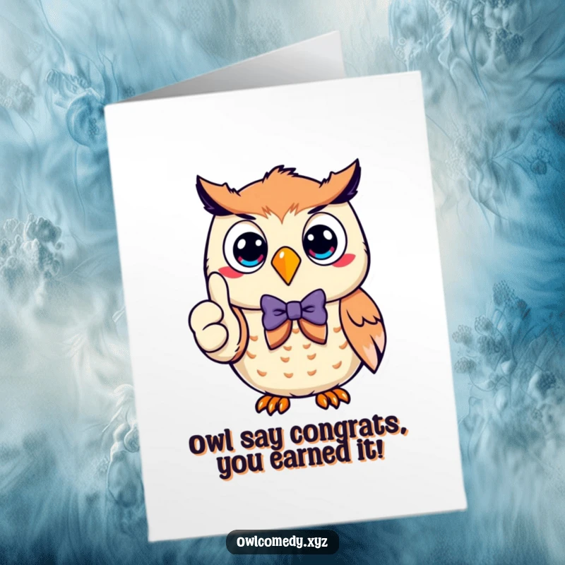 Funny Free Printable Congrats Card: A smiling owl in a bow tie giving an enthusiastic thumbs up, looking very pleased.