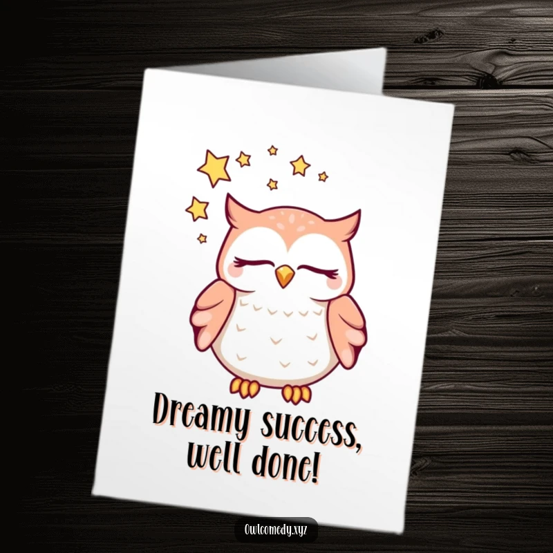 Funny Free Printable Congratulations Card featuring a dreaming kawaii owl with closed eyes and a galaxy of stars above.