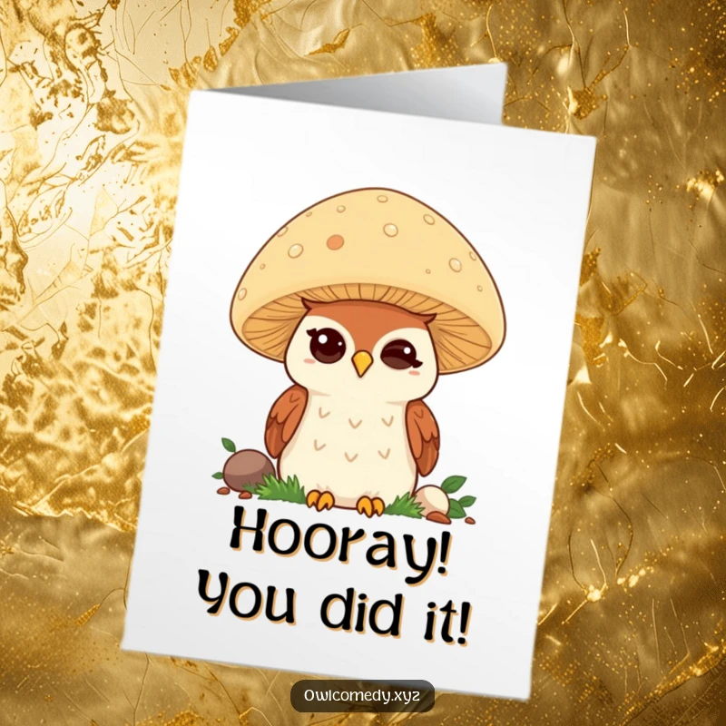 Funny Free Printable Congratulations Card: A kawaii owl winks from its mushroom perch, offering a downloadable dose of cheer.