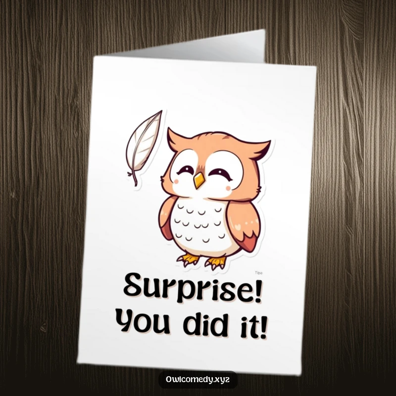 Free Printable Congratulations Card: A Kawaii owl's expression of pure surprise at a random floating feather, perfect for any announcement.