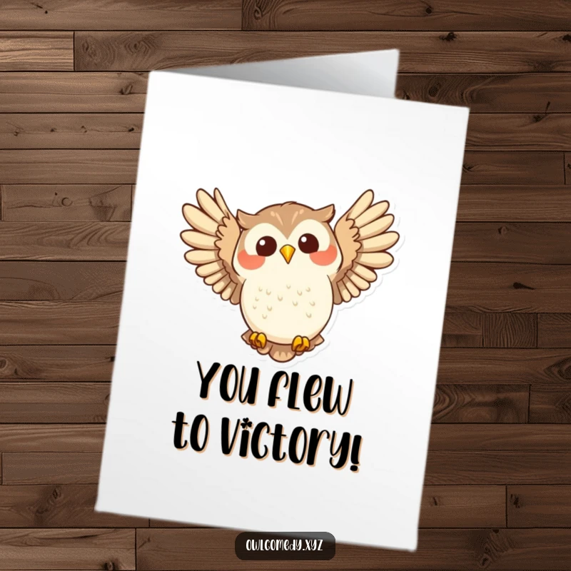 Funny Free Printable Congratulations Card: A joyful owl in mid-flight, wings spread wide, swooping down happily.
