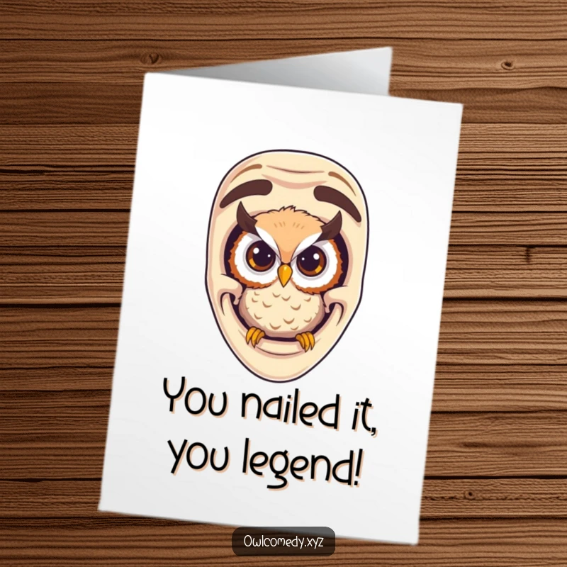 Funny Free Printable Congratulations Card with a curious owl peeking from a hollowed-out comedy mask, perfect for sharing good news.