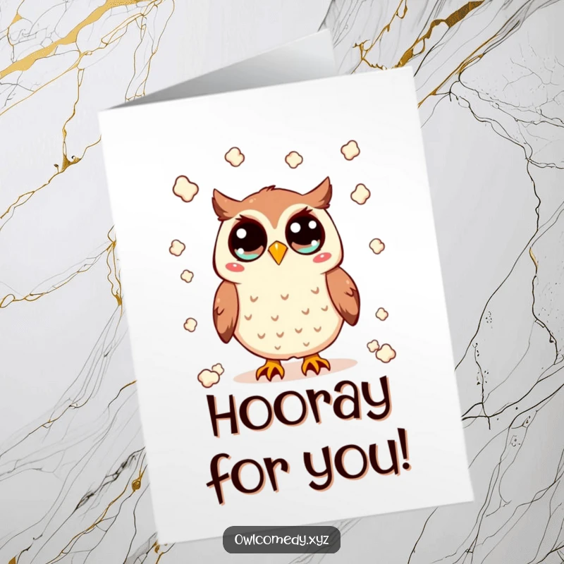 Funny Free Printable Congratulations Card: A Kawaii owl with wide eyes happily tossing popcorn, celebrating achievements with glee.