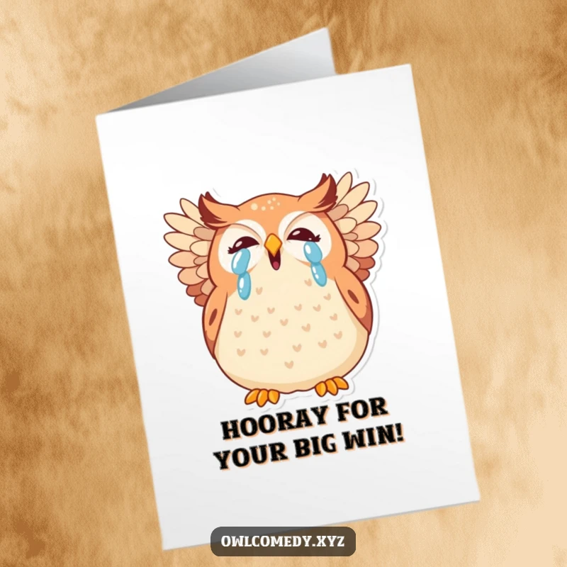 Free Printable Congratulations Card of a plump kawaii owl in stitches, wings spread wide in pure delight.