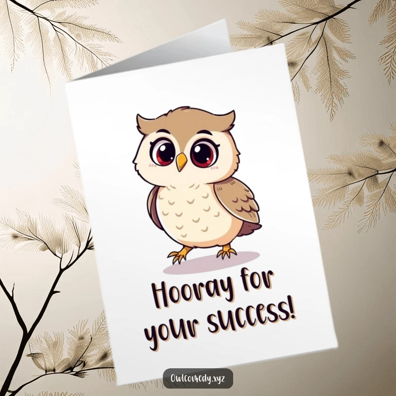 Funny Free Printable Congrats Card: A gleeful owl joyfully pursues its shadow, a delightful downloadable card.