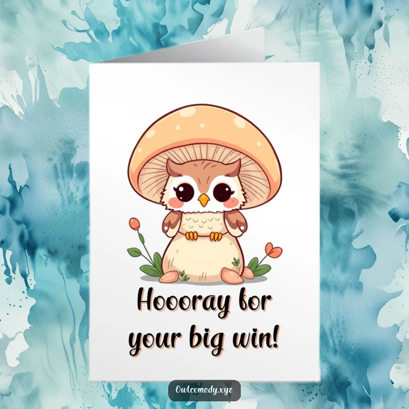 Free Printable Congratulations Card: Kawaii owl peeking from behind a mushroom, winking, digital art.