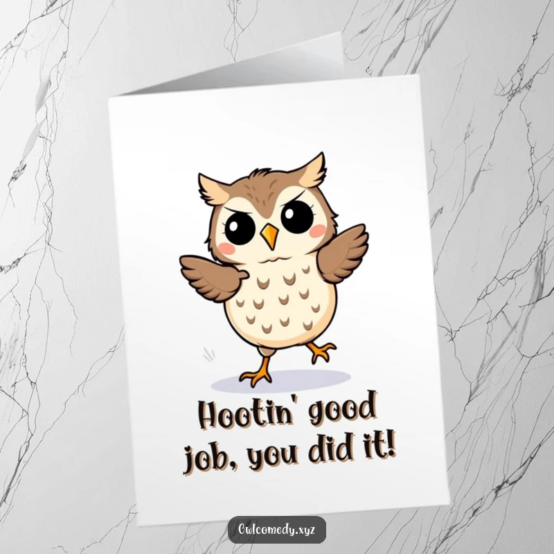 Free Printable Congratulations Card featuring a kawaii owl in a silly jig, motion lines showing its happy, excited dance moves.
