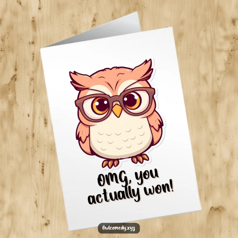 Funny Free Printable Congratulations Card: An owl in oversized glasses looking utterly surprised and amazed by recent achievements.