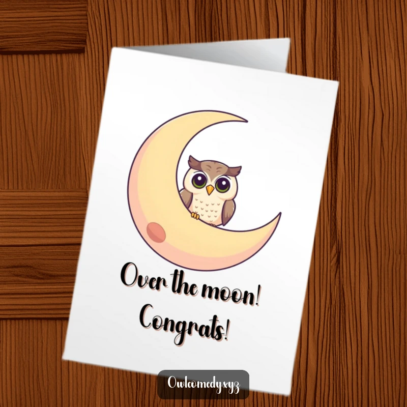 Funny Free Printable Congratulations Card: A curious owl observes from behind a big, beaming crescent moon, celebrating a cosmic win.