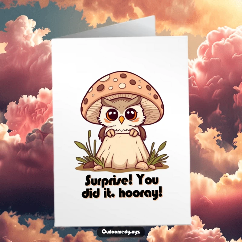 Free Printable Congratulations Card: Curious kawaii owl peeking from behind a spotted mushroom, looking surprised at great news.