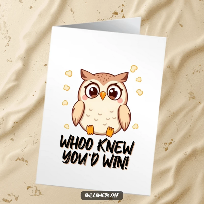 Funny Free Printable Congratulations Card: A Kawaii owl with wide eyes showering popcorn, celebrating achievements.