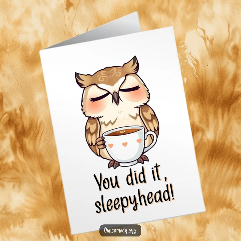 Funny Free Printable Congratulations Card: A sleepy owl lets out a dramatic yawn, teacup in hand, celebrating a chill win.