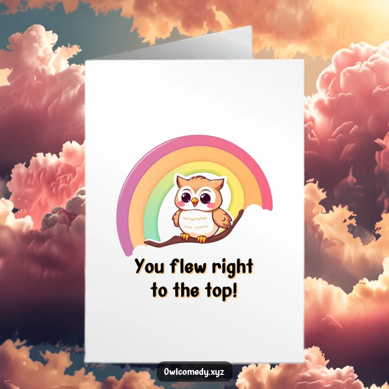 Funny Free Printable Congratulations Card: A gleeful owl slides down a rainbow, celebrating success with infectious laughter.