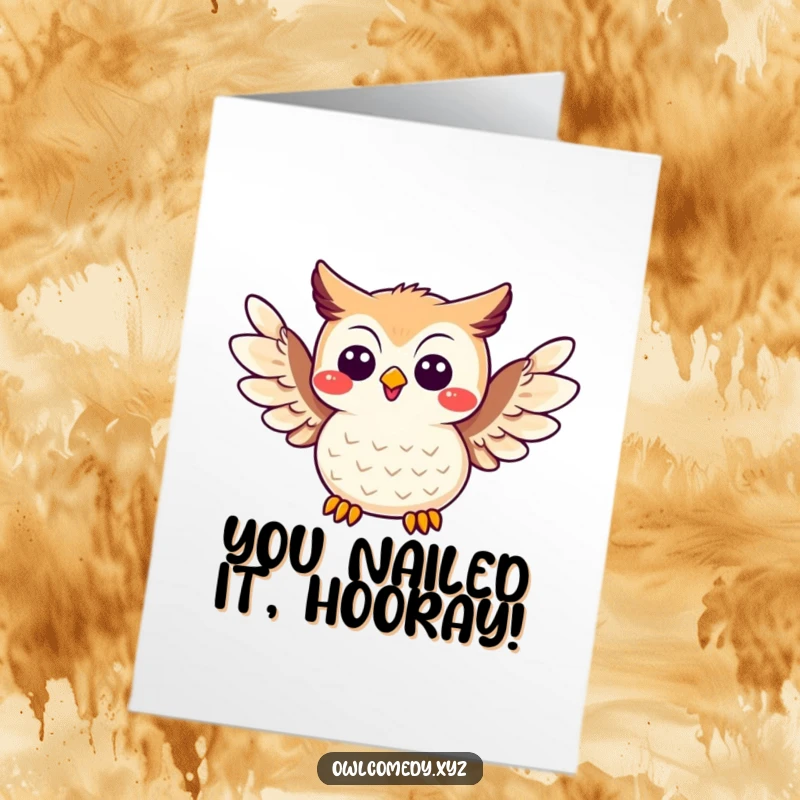 Funny Free Printable Congratulations Card: A cheerful kawaii owl with wings spread wide, telling a side-splitting joke.