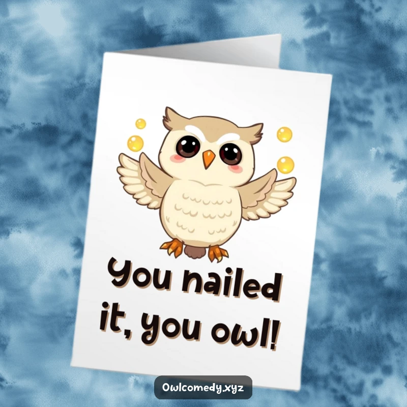 Funny Free Printable Congratulations Card: A gleeful owl juggles bright orbs, celebrating achievements with comedic flair.