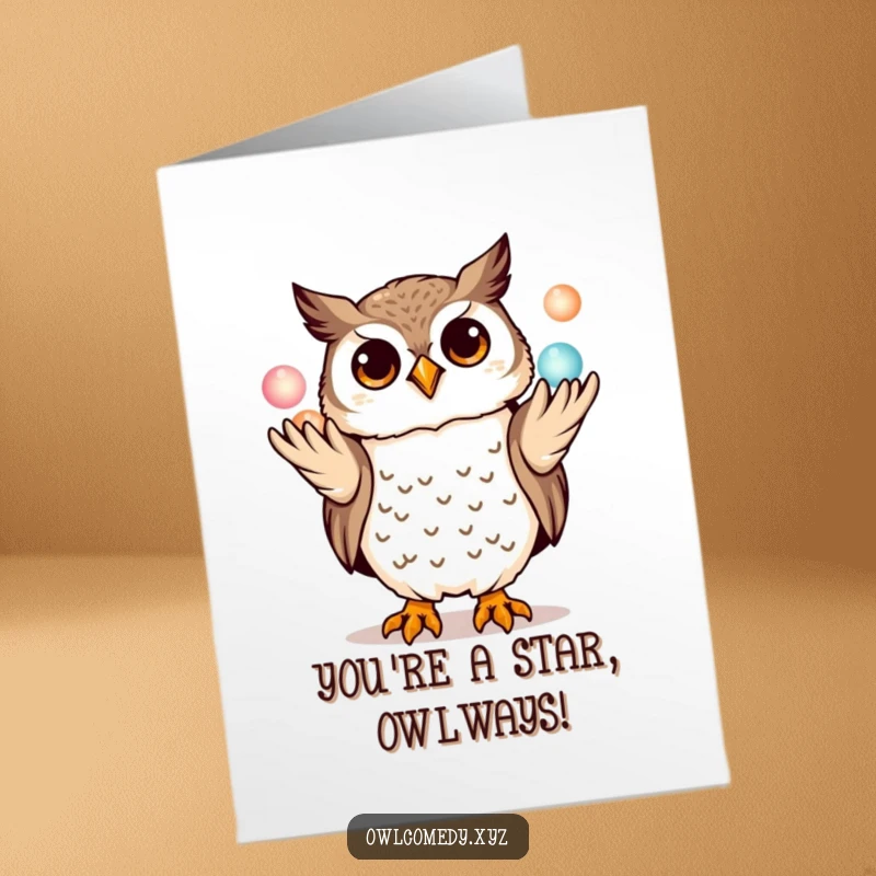 Funny Free Printable Congratulations Card featuring a playful kawaii owl juggling three luminous orbs with impressive skill.
