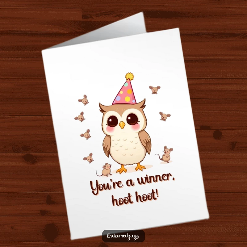 Funny Free Printable Congratulations Card: A Kawaii owl in a party hat expertly juggling tiny mice.