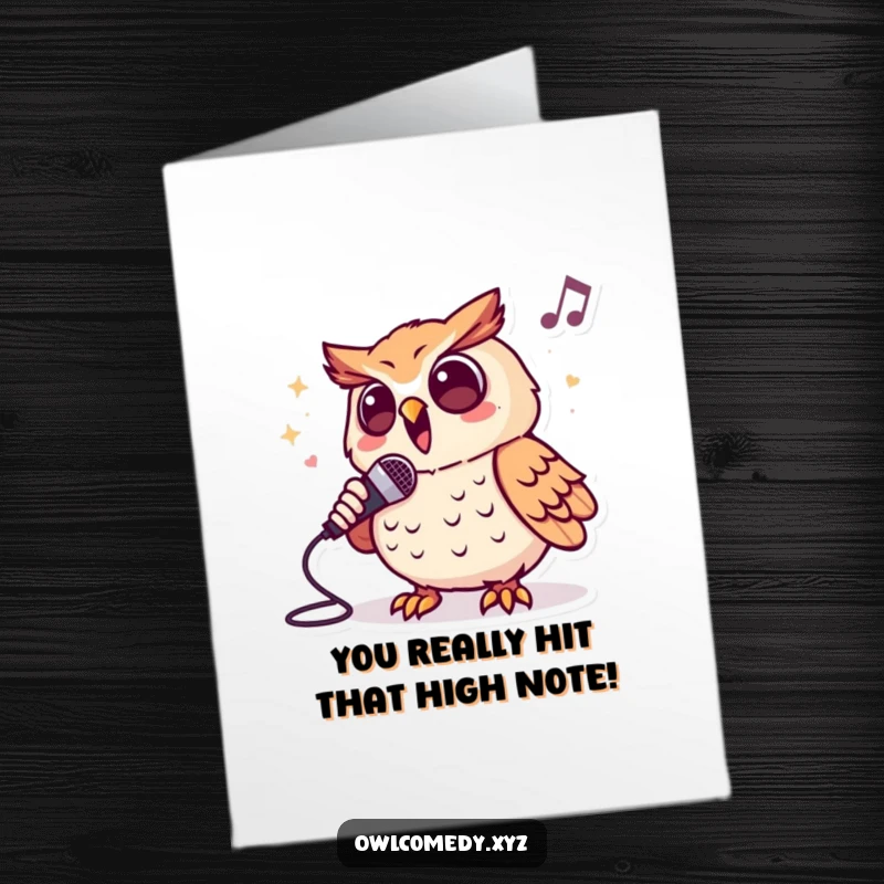 Funny Free Printable Congrats Card: A dynamic owl singing into a microphone, perfect for celebrating victories.