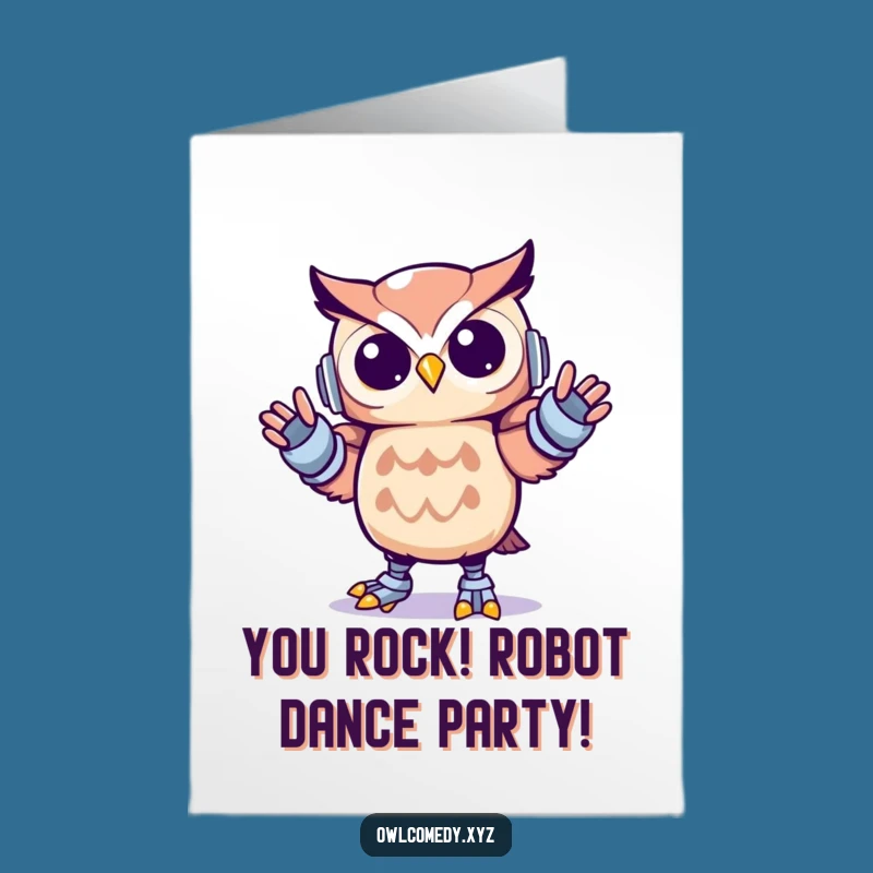Free Printable Congrats Card: Energetic Kawaii Owl Robot Dance, Fun Downloadable Gift for Celebrations