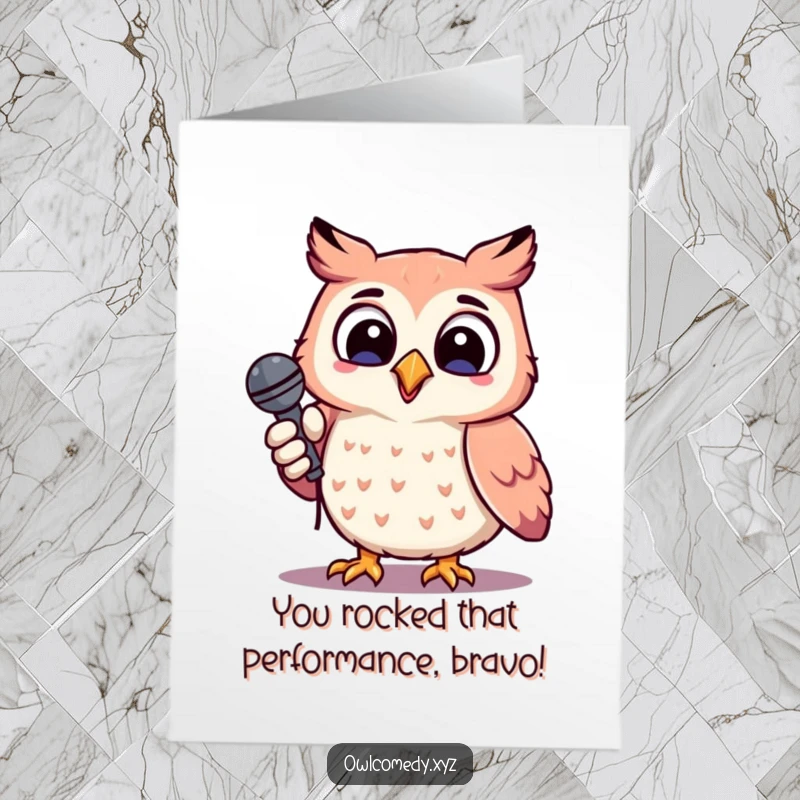Free Printable Congratulations Card: Cheerful kawaii owl holding microphone, tilting head, celebrating a star performance.