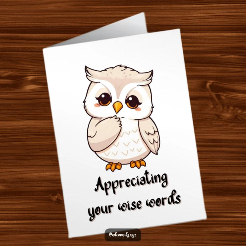 Funny Free Printable Thank You Card: A wise owl stroking its chin, deep in thought, conveying sincere thanks.