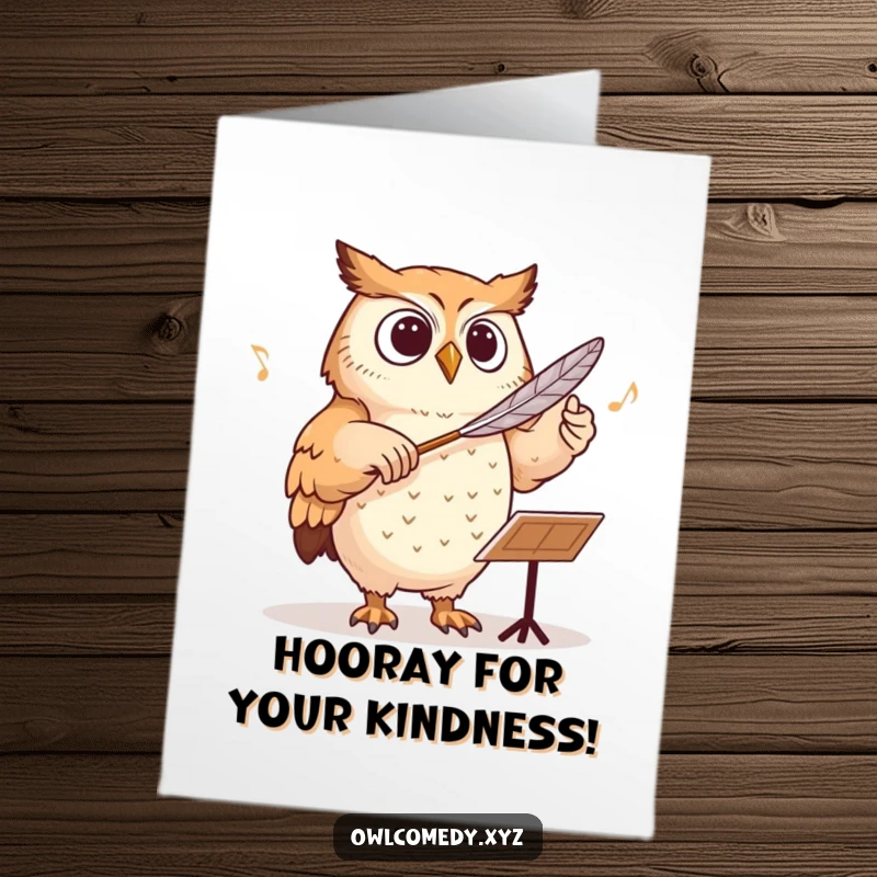 Funny Free Printable Thank You Card with an artistic owl conducting an orchestra using a feather as a baton, conveying thanks humorously.