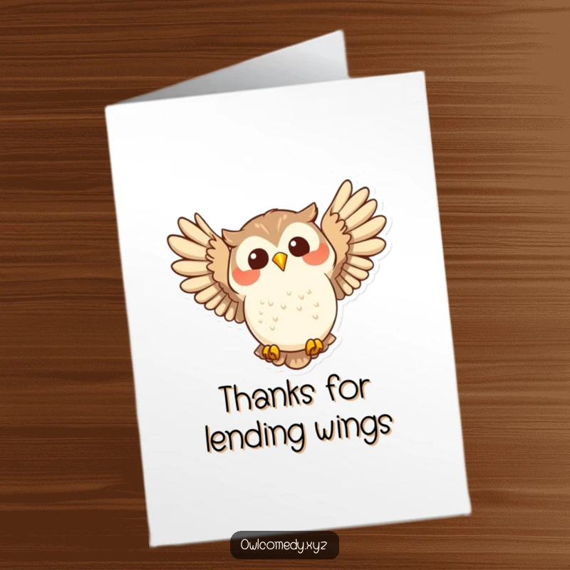 Funny Free Printable Thank You Card: A happy, joyful owl swooping with wings spread wide in enthusiastic flight.