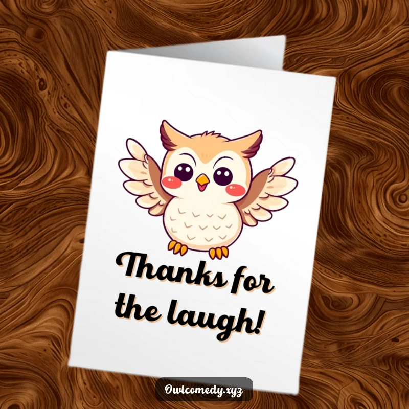 Funny Free Printable Thank You Card: A cheerful kawaii owl with wings spread wide, sharing a hilarious joke.