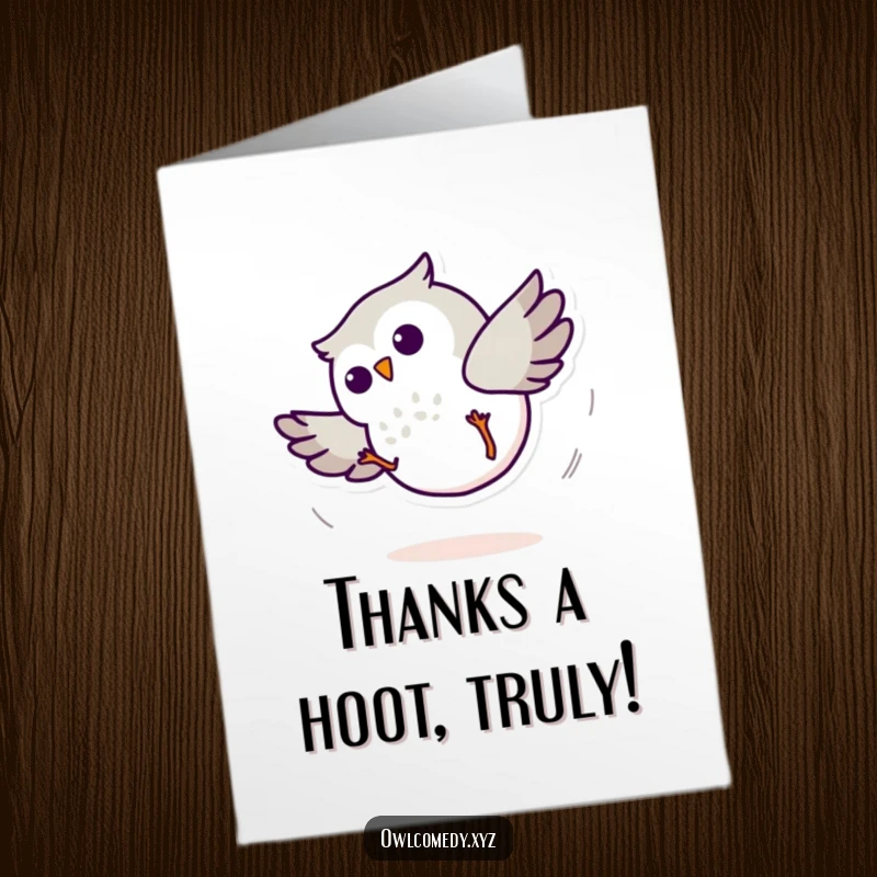 Funny Free Printable Thank You Card: A minimalist kawaii owl character doing a cartwheel, sending thanks with a spin.