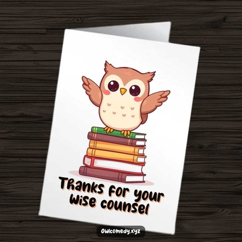 Funny Free Printable Owl Thank You Card: Kawaii owl precariously balanced on books, a humorous and grateful downloadable message.