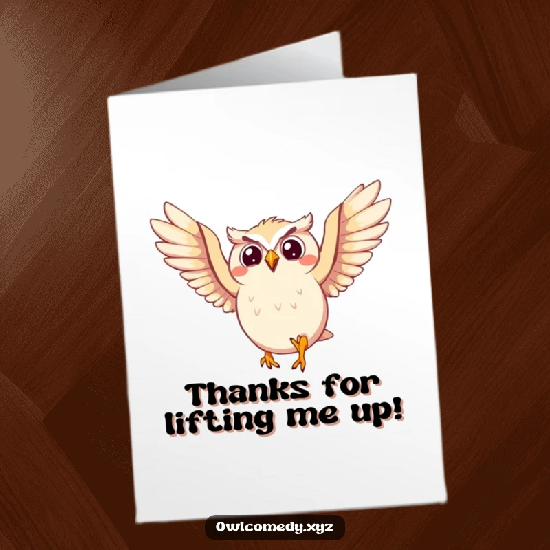 Funny Free Printable Owl Thank You Card: Joyful owl mid-leap with crooked smile, conveying a heartfelt and funny thank you.