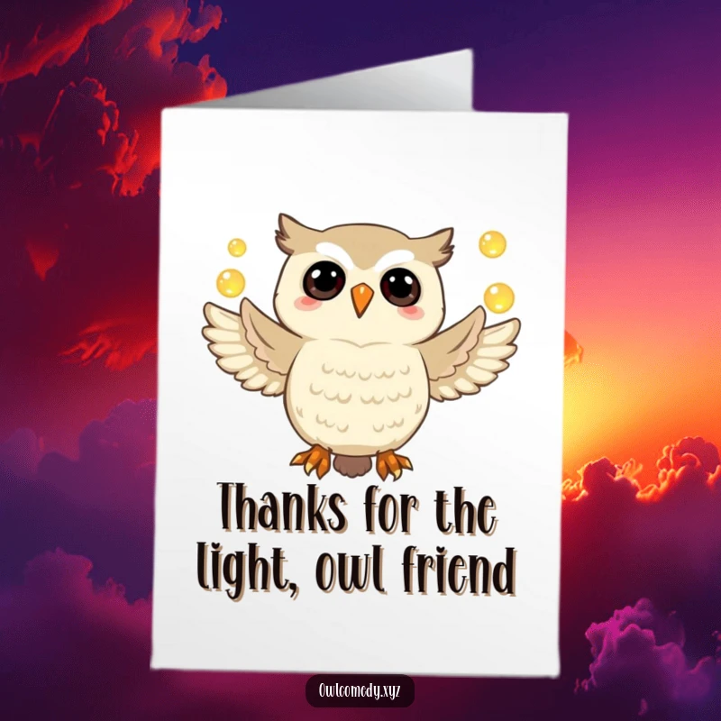 Funny Free Printable Thank You Card: An owl juggles glowing orbs, making your gratitude expressively comical and memorable.