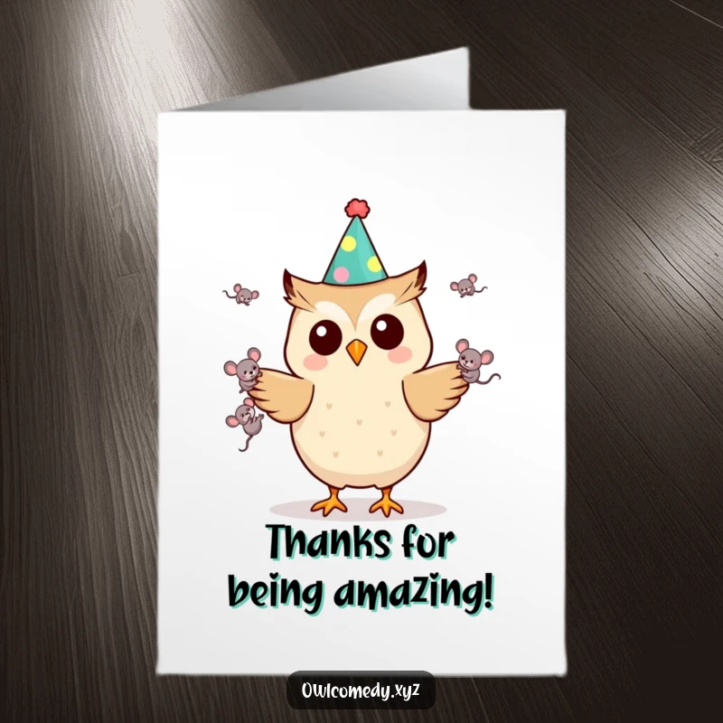 Funny Free Printable Thank You Card: A Kawaii owl in a party hat juggling mice, sending thanks with impressive skill.