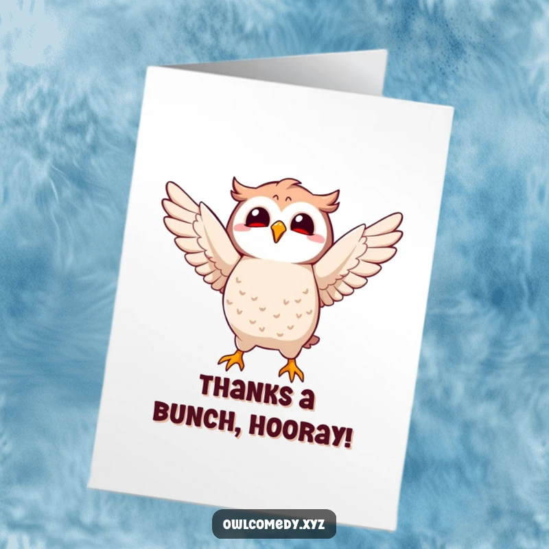Funny Free Printable Thank You Card: Kawaii owl character joyfully flapping its wings mid-air, conveying thanks with a cheerful gesture.