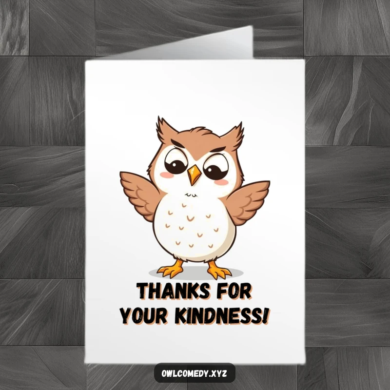 Funny Free Printable Thank You Card: A Kawaii owl with a goofy grin caught mid-silly dance, spreading happiness.