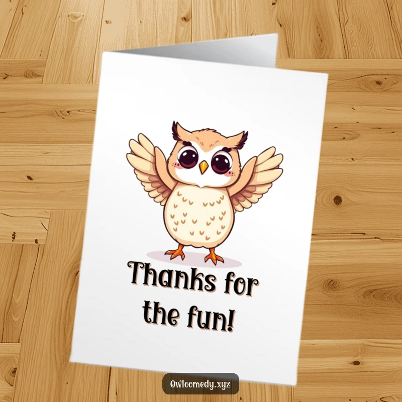 Funny Free Printable Thank You Card: A playful owl performs a silly dance with its wings enthusiastically spread.