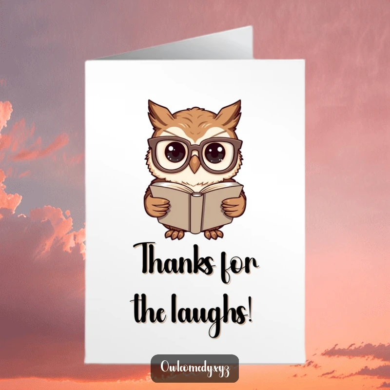 Funny Free Printable Thank You Card: Owl in oversized glasses pores over a joke book, sharing a chuckle.