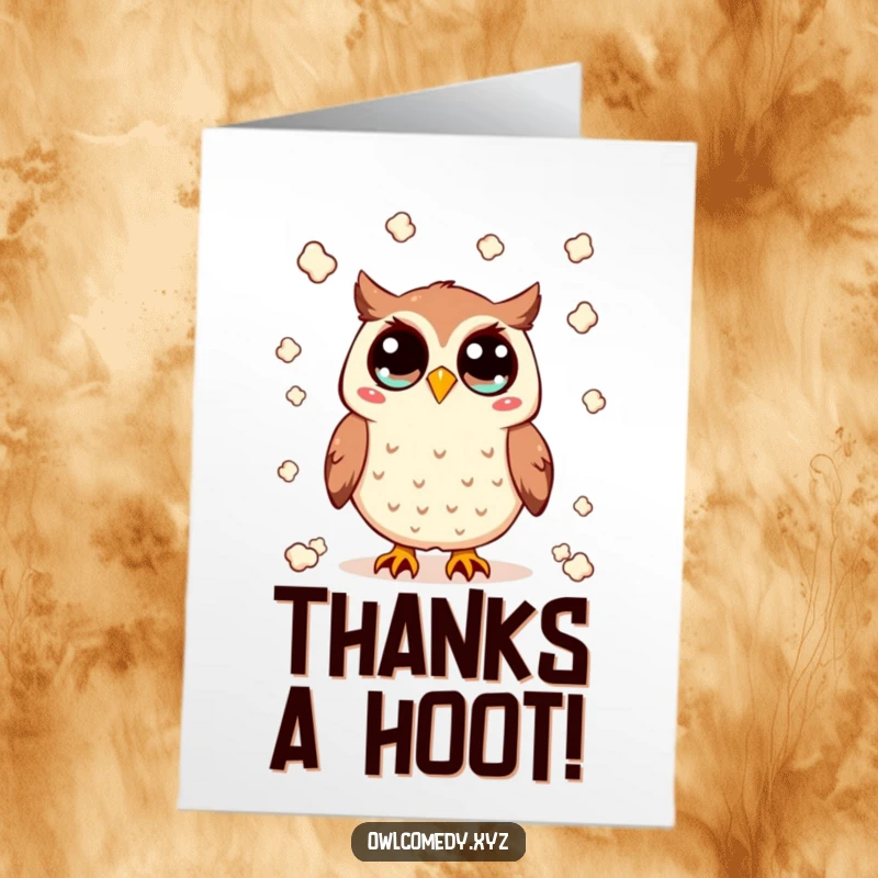 Funny Free Printable Thank You Card: A Kawaii owl joyfully throwing popcorn, sending thanks with a playful, happy gesture.