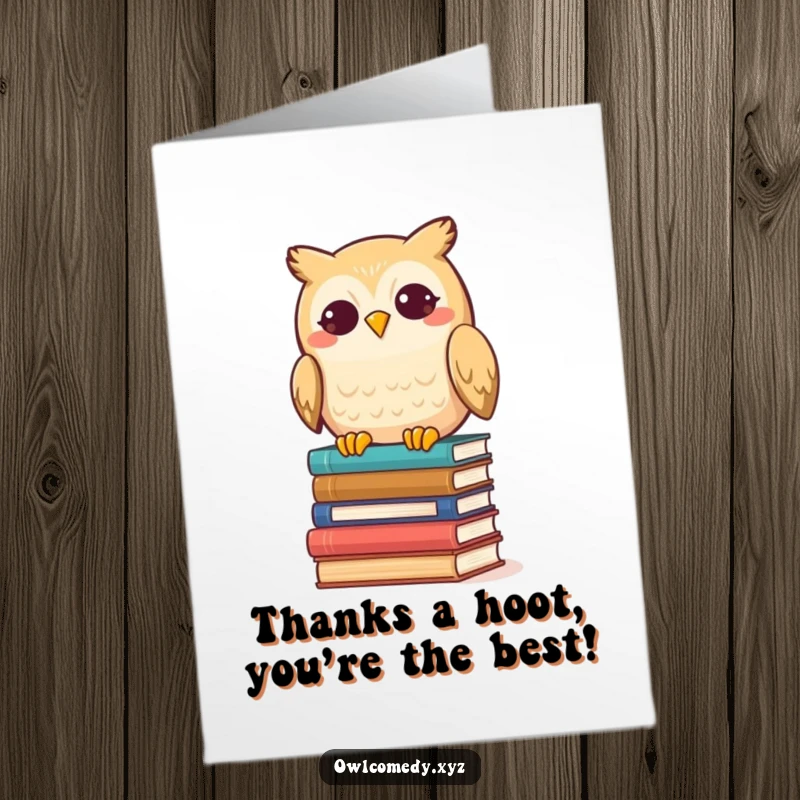 Funny Free Printable Thank You Card: Kawaii owl causing a book avalanche, a comical way to say thanks.